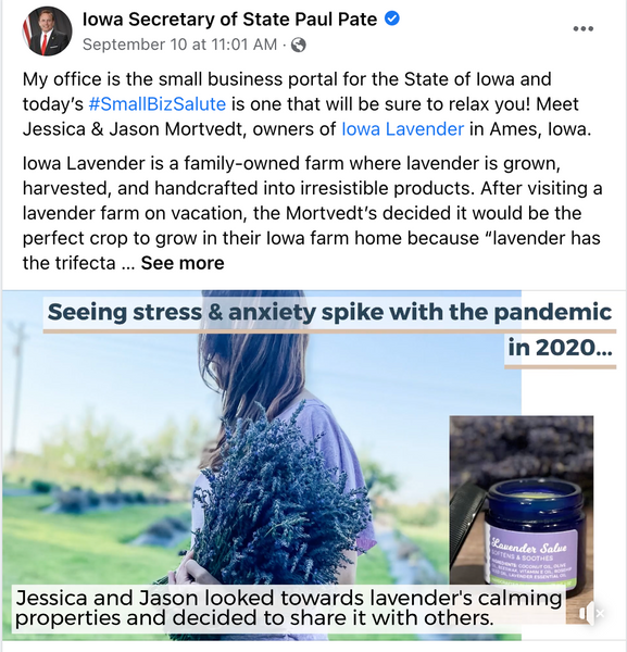Secretary of State Features Iowa Lavender in Small Business Salute